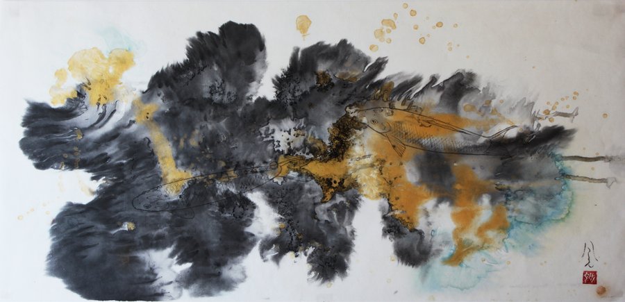 ©Yoshikawa_Fumiyo Fish in Stream, 2012, 12.75×26.5in, sumi ink, acrylic on paper