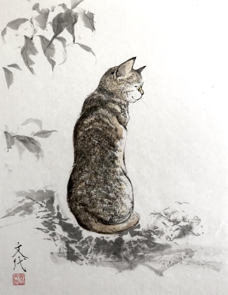 Mikaeri Cat 2019  by Fumiyo Yoshikawa  sumiink and watercolor on paper 17.5x13.5