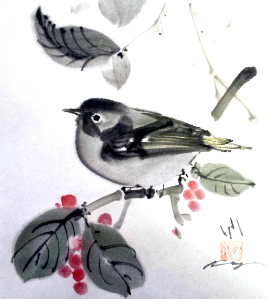 Little Bird Visiting Your Yard, 7x6inch, sumi ink, watercolor on Hosho paper, Yoshikawa Fumiyo