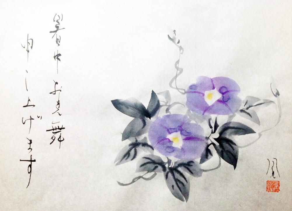 morning glory camellia_sumi-e_fumiyo_yoshikawa_2013_postcard