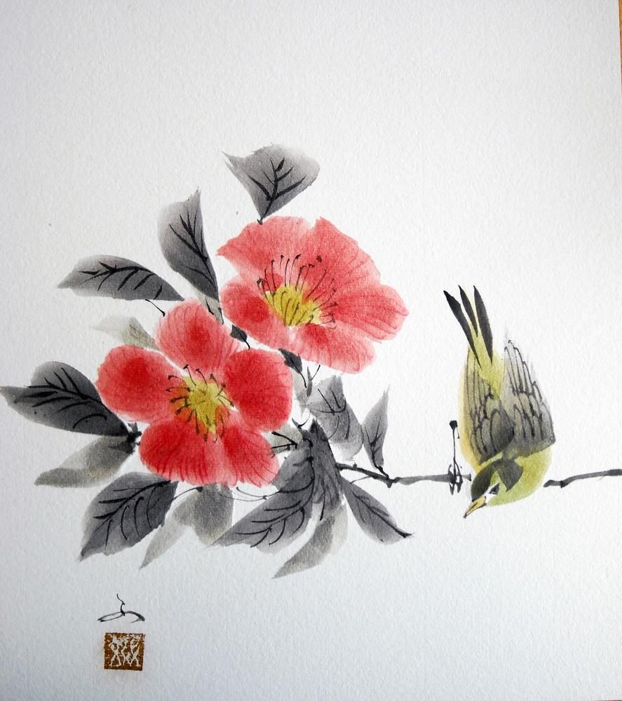 fumiyo-yoshikawa-sumie-bird and camellia2012